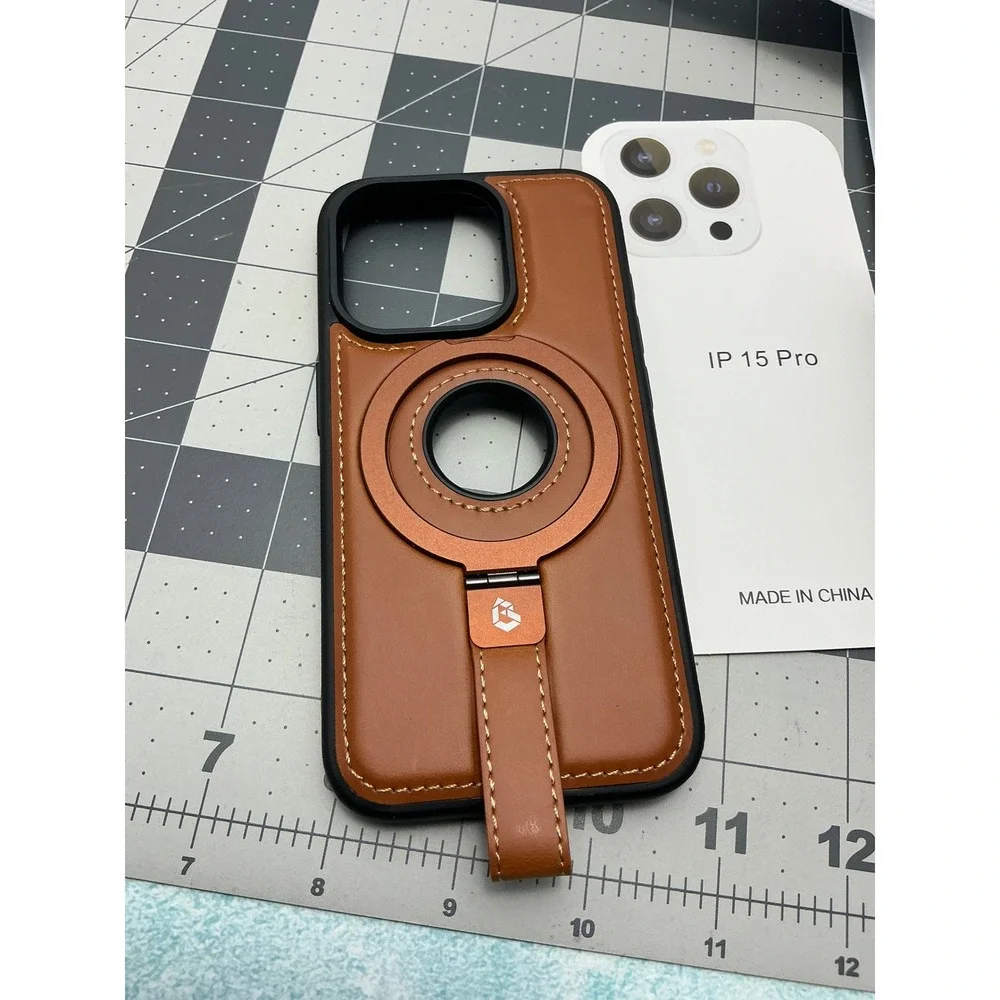 iPhone 15 Pro Brown Leather Case with Ring‎ Stand and Magnetic Mount